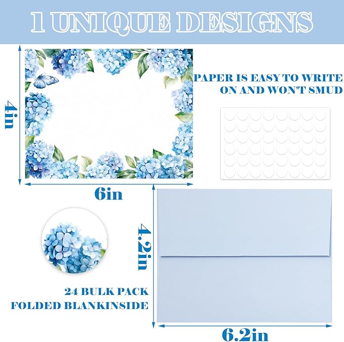 Whaline 24 Pack Hydrangea Stationery Cards with Envelopes Blank Thank You Note Cards Blue Floral Greeting Card for Spring Birthday Wedding Invitations Supplies
