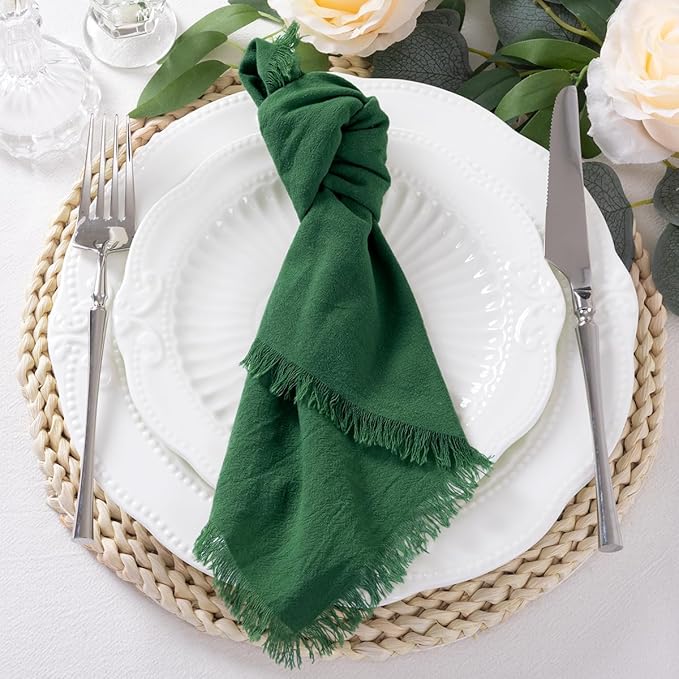 12 Pack Dark Green Cotton Linen Napkins with Fringe Christmas Green Cloth Napkins Set of 12 Boho Handmade Dinner Napkins Bulk for Wedding Bridal Baby Shower Valentine's Day, 17 x 17 Inches