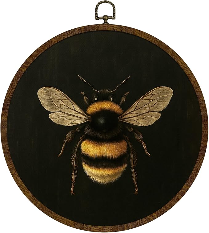 KLYTINK Vintage Bee Round Wall Art,Botanical Insect Canvas Print with Frame, Bee Dark Floral Naturalist Decor for Kitchen, Study, or Bedroom 10''x10'' (bee-01)