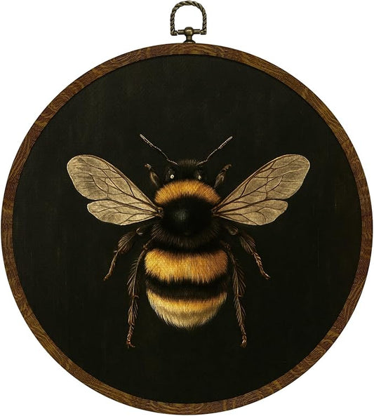 KLYTINK Vintage Bee Round Wall Art,Botanical Insect Canvas Print with Frame, Bee Dark Floral Naturalist Decor for Kitchen, Study, or Bedroom 10''x10'' (bee-01)