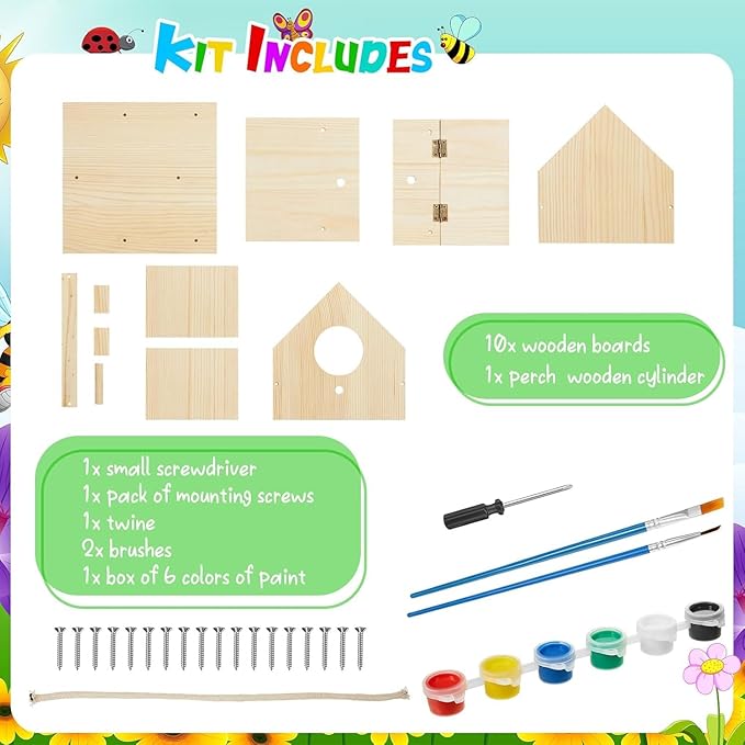 Liliful 2 Sets Wooden DIY Birdhouse Kit Unfinished Bird Houses with Paints and Paintbrushes Bird Feeder Craft Arts for Boy or Girl Classroom Activity and Christmas Kids Wooden Craft Gifts