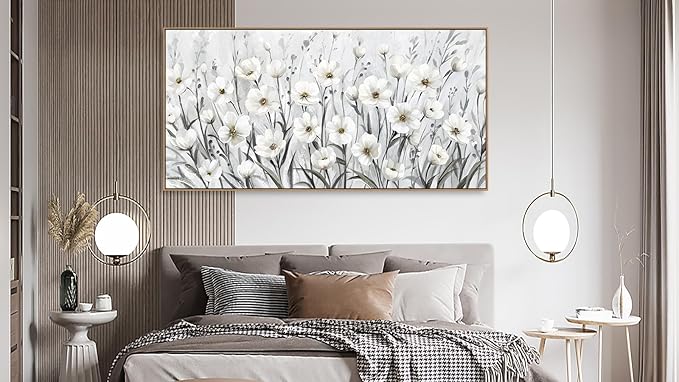 arteWOODS Flowers Framed Wall Art - Grey White Wildflowers Canvas Pictures Wall Decor Botanical Painting Artwork Elegant Floral Prints for Living Room Bedroom Home Decor 58 x 29in Natural Wood Frame