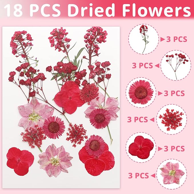 Cinvo 54 Pcs Real Dried Pressed Flowers and Leaves Natural Dried Petals Greenery with Tweezer for Candle Resin Jewelry Soap Nail Pendant Phone Case Crafts Making Floral Decors DIY Embellishments