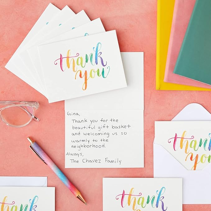 Sustainable Greetings 120 Pack Thank You Cards with Envelopes - 5 x 4-Inch Multicolor Watercolor Rainbow Font - Blank Inside - Bulk Thank You Notes Set for Weddings & Baby Showers