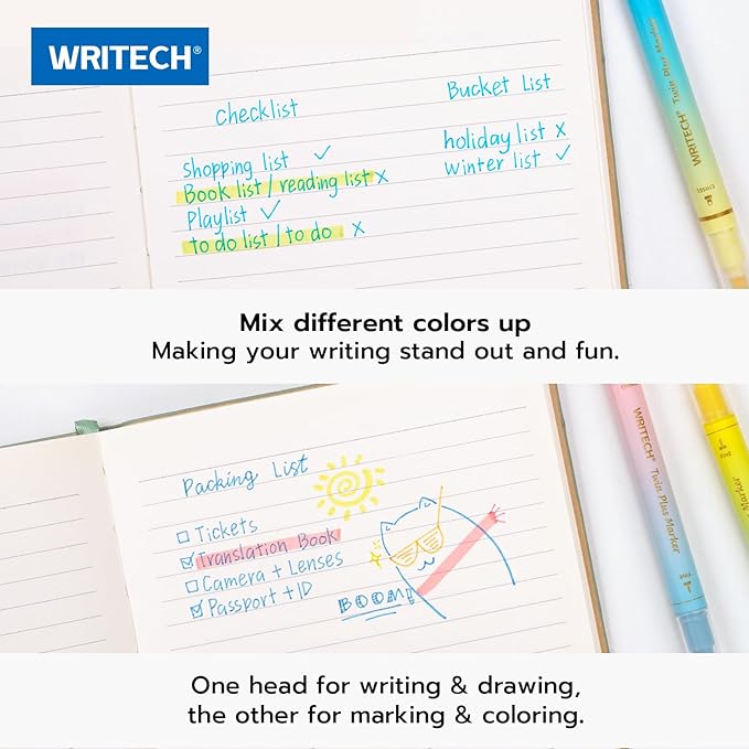 WRITECH Dual Tip Highlighter Markers: Aesthetic Fine & Chisel Tip Assorted Pastel Colors Marker Multicolor Pens Pack for Bible Highlighting Journaling Drawing 12ct.