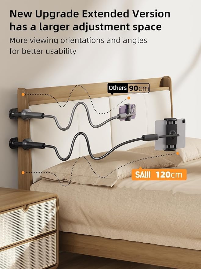 SAIJI 47" Gooseneck Kindle Holder, Tablet Holder for Bed with Upgraded Base, iPad Stand with Flexible Lazy Arm, Compatible with iPad/iPhone/Kindle/Switch or Other 4.7-11" Device (Black)