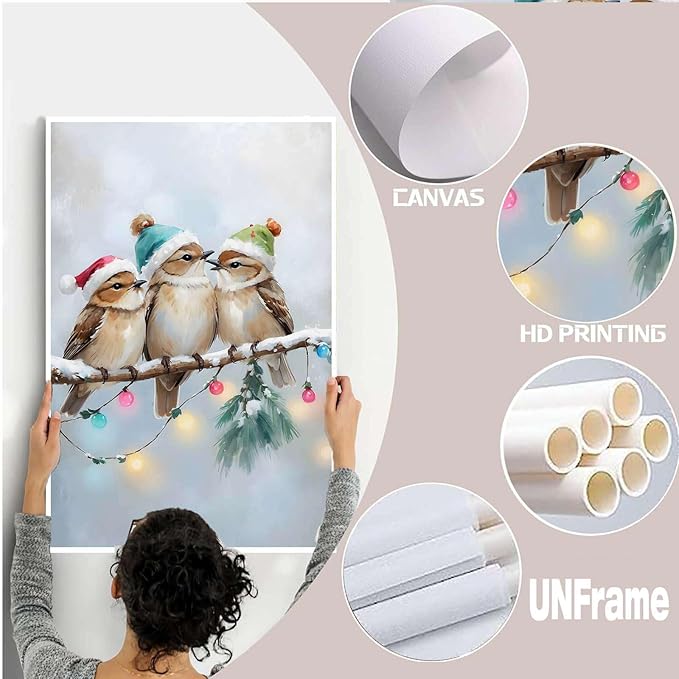 Canvas Wall Art Christmas Birds Winter Art Print Wall Art Holiday Poster Trendy Christmas Decor 24x36in-UnFramed