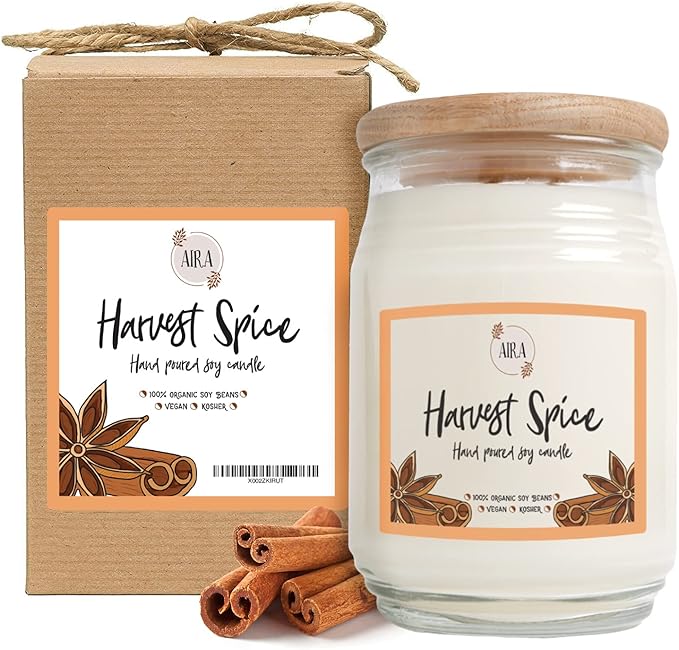 Aira Soy Candles - Organic, Kosher, Vegan, in Farmhouse Jar w/Essential Oils - Hand-Poured 100% Soy Candle - Double Wick, Paraffin Free, Burns 150+ Hours - Fall Candle - Harvest Spice - 20 Ounces