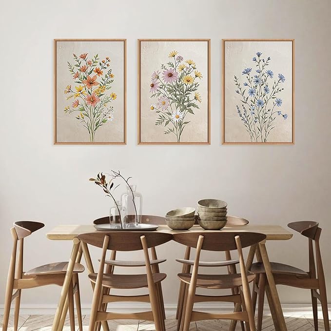 HPINUB Colorful Wildflower Canvas Framed Wall Art Set,Minimalist Botanical Floral Wall Decor,Vintage Flower Artwork,Modern Watercolor Boho Bouquet Art Print for Living Room,Bedroom,Farmhouse-16"x24"x3