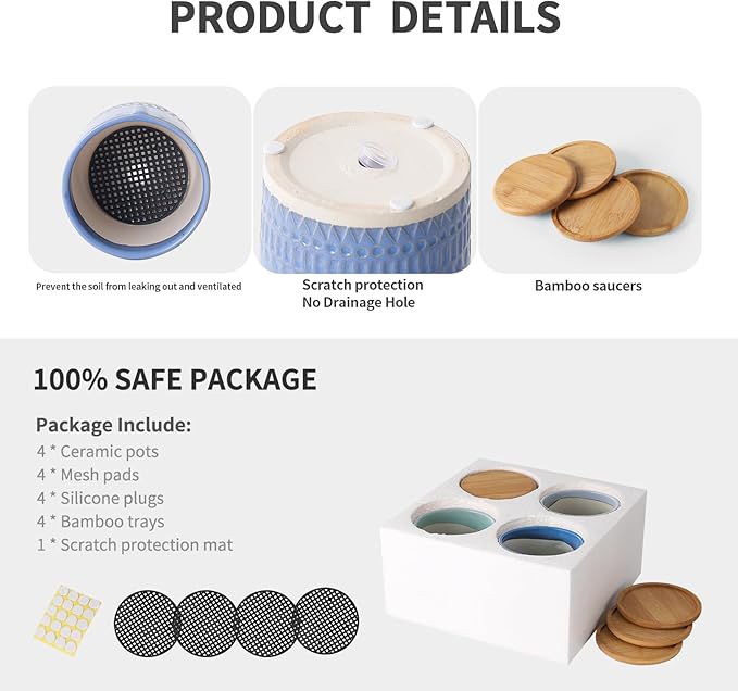 4 Inch Ceramic Planters with Drainage Hole and Bamboo Tray, Face Pattern Succulents Pots for Indoor Outdoor Plants, Cactus, Herbs, Multicolor, Set of 4