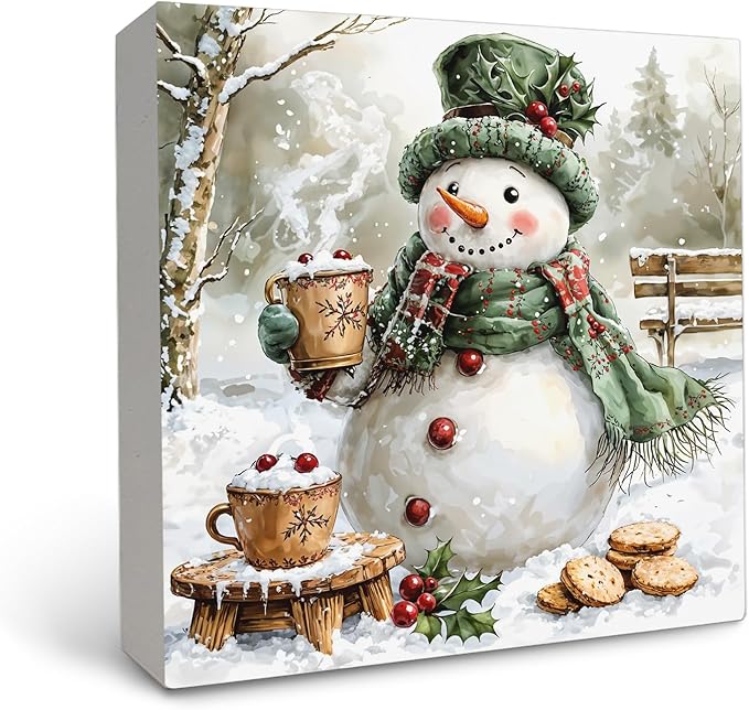 OFlich Green Snowman Wooden Box Sign, Rustic Christmas Snowman Wood Sign for Home Office Desk Table Shelf Decor, Winter Home Decor, 5x5 Inch