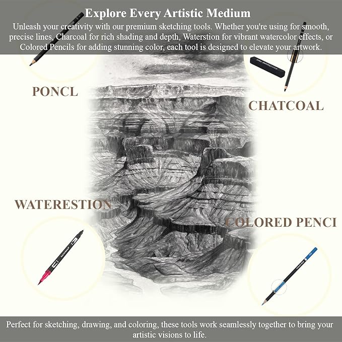 SuFly Sketchbook and Pencils Sets, Sketch Supplies Complete: Sketchbook 9x12, Watercolor Postcards, Graphite (12B-4H), Charcoal Pencils (Hard/Medium/Soft), Sketching Kit for Kids 9-12.
