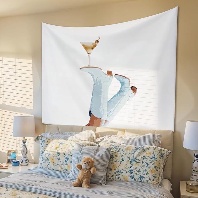 STHTTSW Preppy Cowgirl Martini Tapestry, Blue Coastal Cowgirl Boot Tapestries Wall Blanket, Trendy Aesthetic Wall Hanging Decor for Teen Girl Women College Dorm Apartment Bedroom, 50x60 Inch