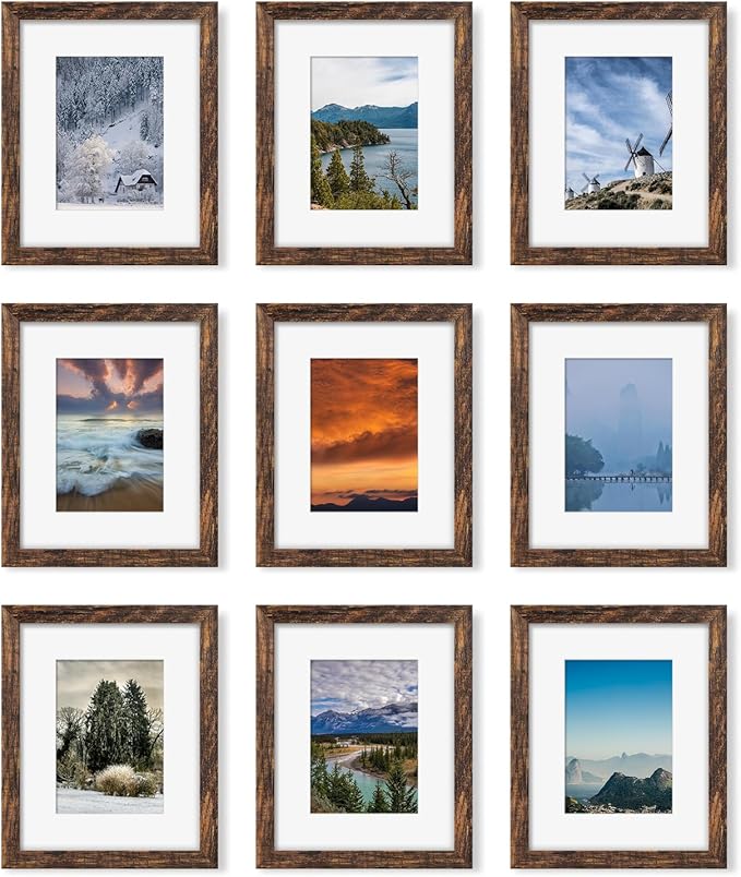 8x10 Picture Frame Set of 9, Display Pictures 5x7 with Mat or 8 x 10 Without Mat, Multi Photo Frames for Wall Mounting or Table Top Display, Rustic Brown
