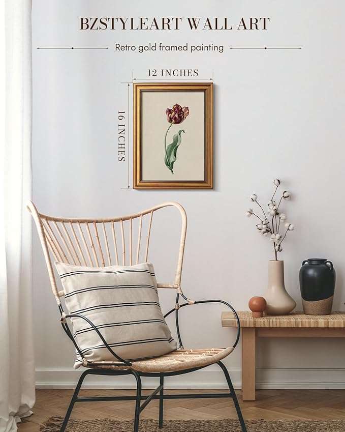 Bzstyleart Vintage Wall Art Decor,Gold Framed Wall Art 12 x 16 Inch Retro Red Tulip for Office,Gold Framed Wall Art, Canvas Picture Print Painting for Bedroom Living Bathroom Classroom Decor