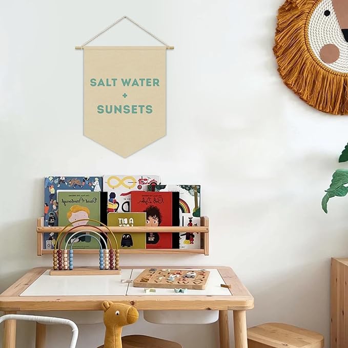 Ocean Nursery Decor, Salt Water Sunsets Beach Linen Canvas Banner, Neutral Coastal Nautical Nursery Wall Hanging Pennant Flag Banner for Kids Toddler Room Bedroom Playroom Decor, 15x11in