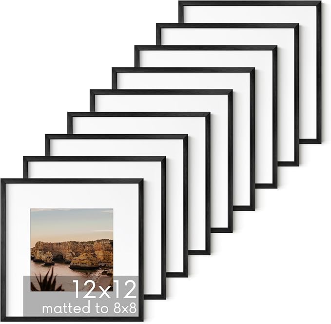 HAUS AND HUES 12x12 Black Metal Picture Frames Matted to 8x8 - Features Premium Aluminum & Hanging Hardware, Shatterproof Plexiglass - Ideal for Home, Room, Office (12x12 in, Black, Set of 9)