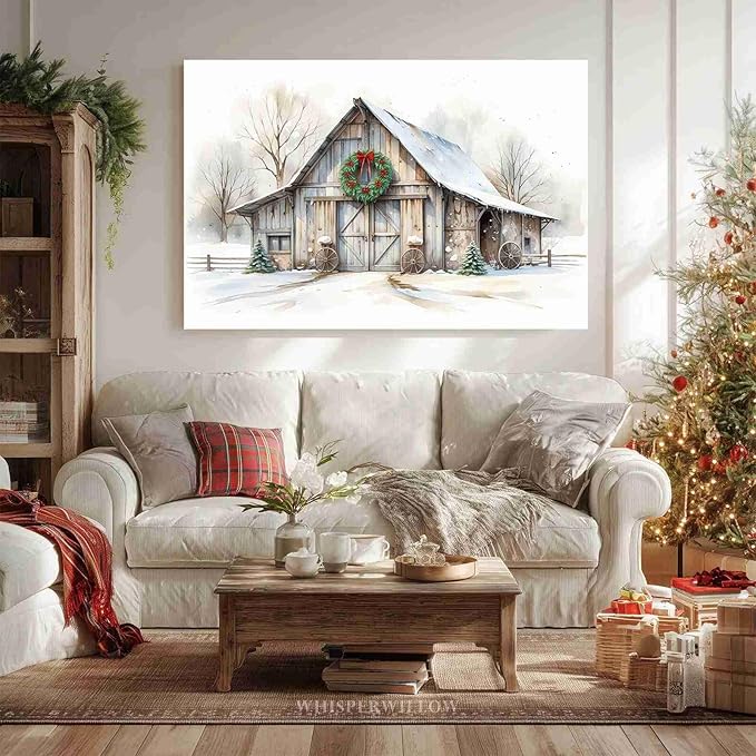 Rustic Landscape Wall Decor Barn Winter Cottage Wall Art Holiday Landscape Painting Rustic Winter Print Christmas Gingerbread Poster Indoor Decor for Living Room Bedroom Cabin Framed Ready to Hang