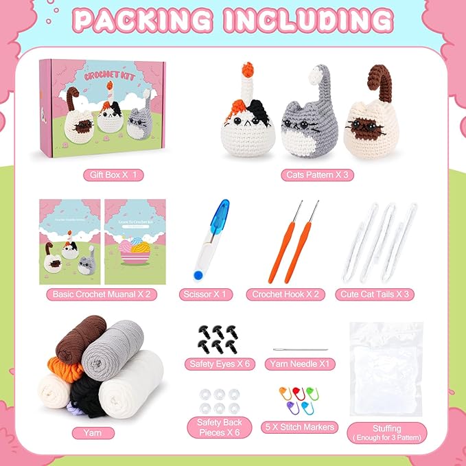 Cat Crochet Kit for Beginners-3PCS Cats Crochet Kits for Adults, Crochet Starter Kit with Step-by-Step Video Tutorials,Crochet Animal Kits Knitting Kit DIY Craft Learn to Crochet Kits for Adults