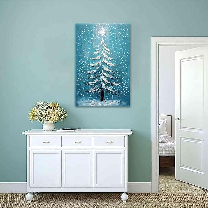 Canvas Wall Art Blue Christmas Tree Print Merry Christmas Wall Decor Holiday Nature Gift Holiday Poster 16x24in-UnFramed