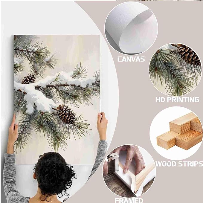 Framed Canvas Wall Art Snowy Fir Branch with Pinecones Vintage Winter Botanical Art Rustic Cottagecore Nature Decor Christmas Wall Print 8x12in Wood Framed