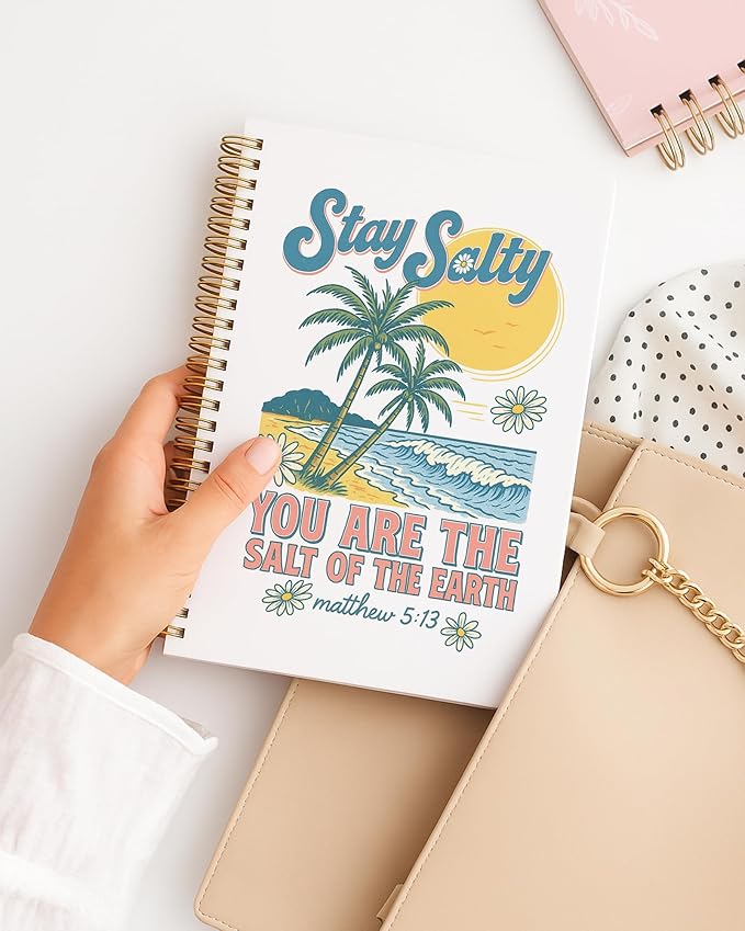 Summer Tropical Beach Christian Spiral Notebook 5.5x8.3in, Stay Salty Religious Bible Verse Journal Notebooks for Note Taking, Beach Lover Gifts, Christian Gifts, Hardcover Notebook Journal