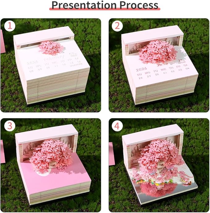 3D Calendar 2026, Flower Sea and Tree Island Time Piece Calendar 2026, Daily Tear-Off Memo Pad with LED Glow, Paper Carving Desktop Decoration, Unique Holiday & New Year Paper Craft Gift, Pink