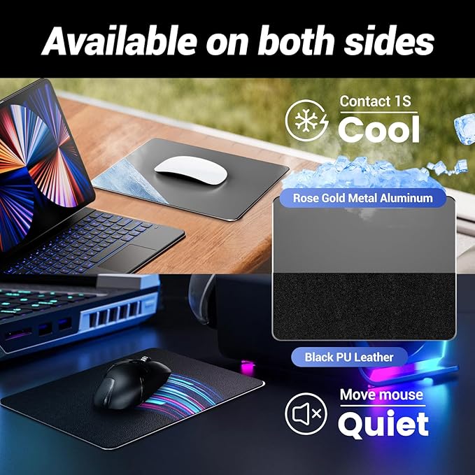 HONKID Metal Aluminum Mouse Pad, Office and Gaming Thin Hard Mouse Mat Double Sided Waterproof Fast and Accurate Control Mousepad for Laptop, Computer and PC,9.05"x7.08", Gray