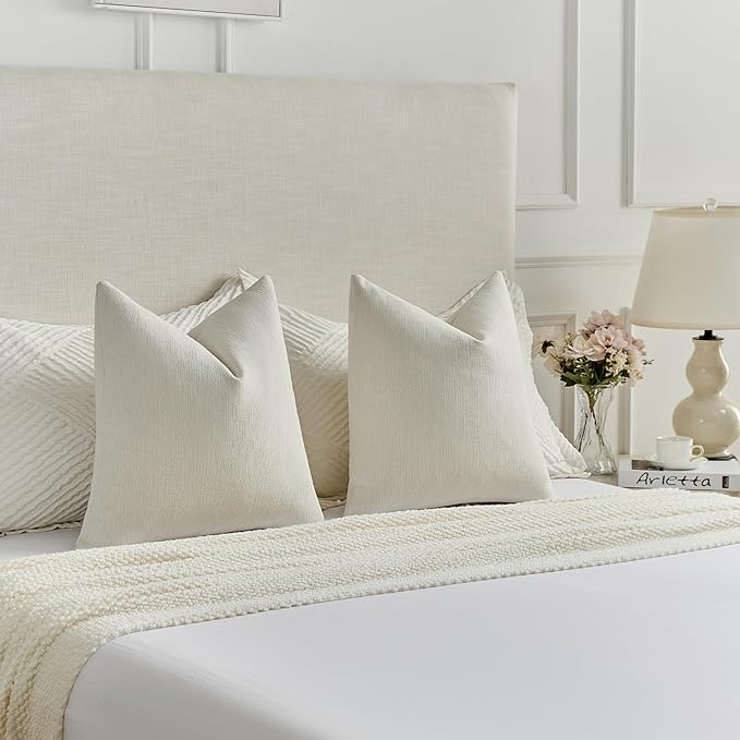 FUTEI Cream Chenille Decorative Throw Pillow Covers 24x24 Inch Set of 2,Soft Cozy Faux Linen Textured European Pillow Shams,Farmhouse Home Decor for Couch Living Room
