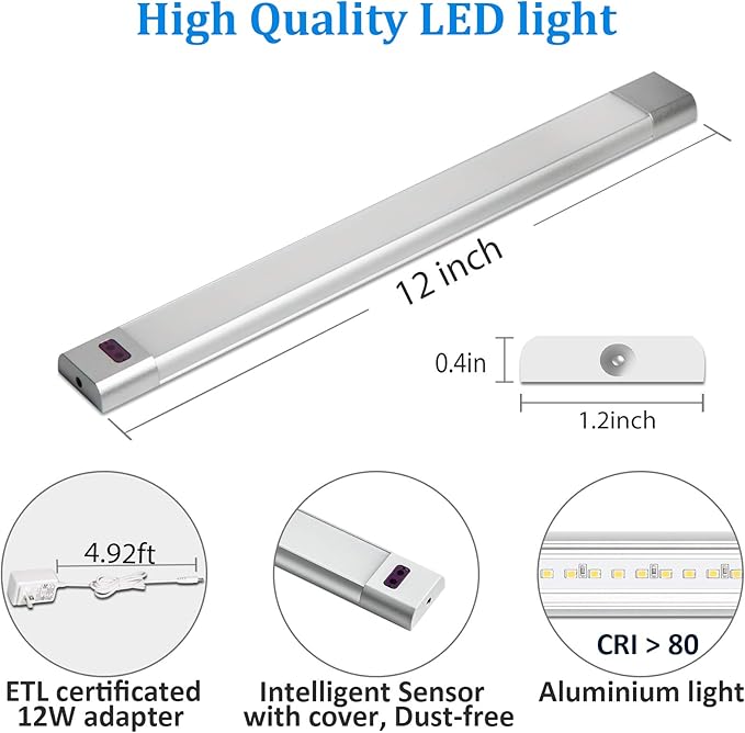 WOBANE Under Counter Lighting, Under Desk Light Bar, Hand Wave Activated, 12 inch Dimmable Panel, Super Bright Aluminum Strip Light for Kitchen,Shelf,Cupboard,Closet,Workbench,Cabinet,6000K White