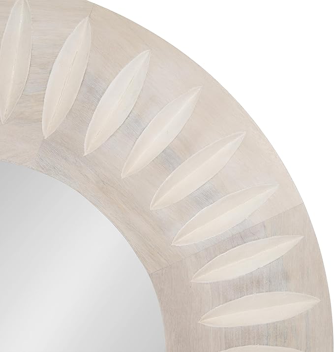 Kate and Laurel Usra Round Carved Wood Mirror, 26 Inch Diameter, Whitewash, Light Wooden Circle Mirror with Carved Indentation and Sunburst Wall Mirror Look