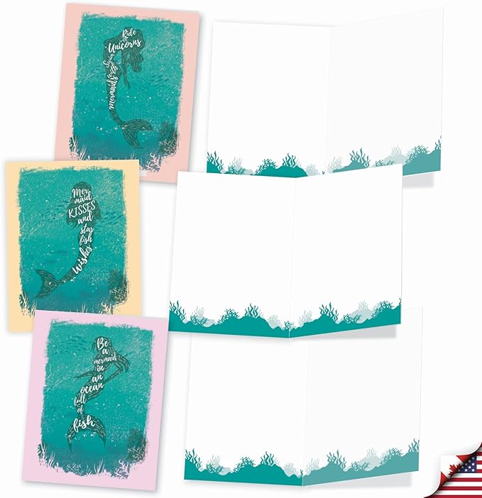 The Best Card Company - 10 Blank Note Cards (4 x 5.12 Inch) - Fun Mythical Fantasy Cards, Assorted Greetings Boxed - Mermaid Quotes AM6824OCB-B1x10-NB
