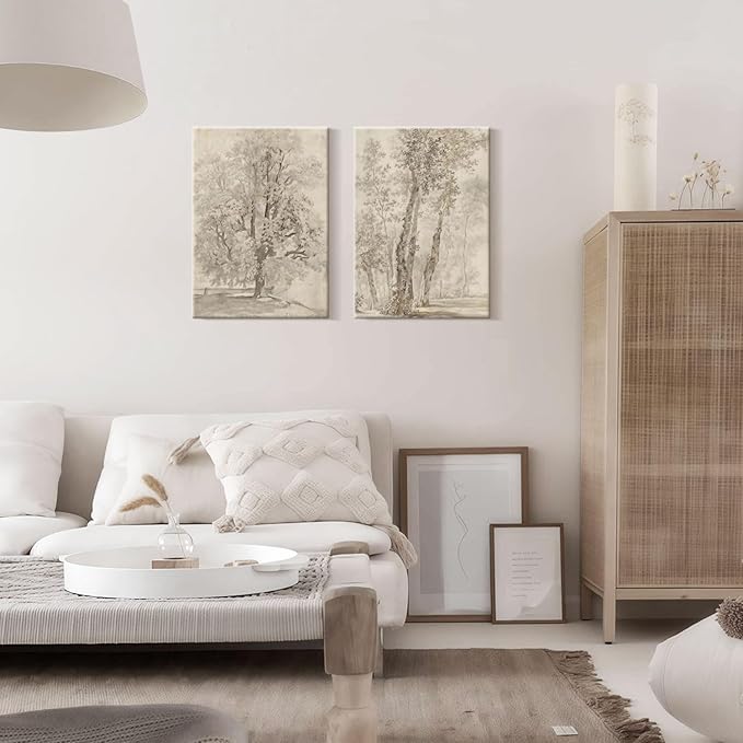 2pcs Framed Vintage Trees Canvas Landscape Sketch Wall Painting Plant Nature Picture Print Poster Rustic Nature Wabi Sabi Home Painting Bedroom Living Room Studio Decor 16x24 Inch Ready to Hang