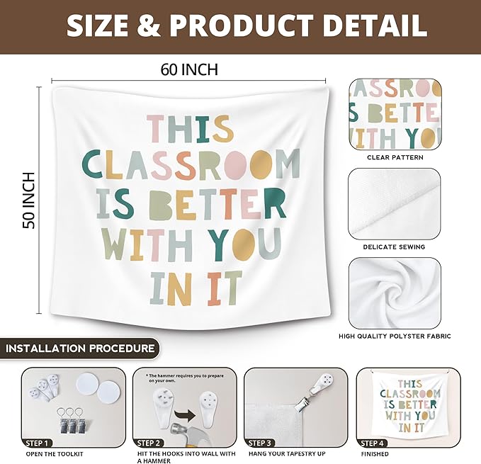 XLDLIOO Boho Classroom Decor, Boho Classroom Tapestry, This Classroom Is Better with You in It Wall Tapestry Hanging for Bedroom, Inspirational Positive Welcome Tapestries Wall Decor Art for Nursery Kids Room 60x50in