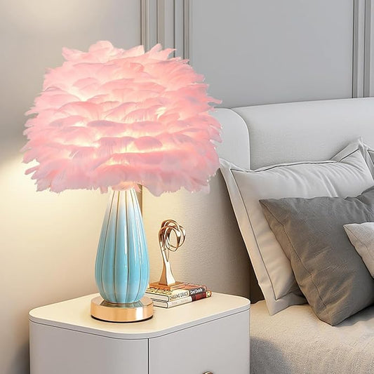 Pink Feather Table Lamp Creative Bedside Feather Lamp Simple Goose Furry Nightstand Light Fluffy Desk Lighting for Girl Bedroom Living Room Decoration Wedding Romantic Atmosphere
