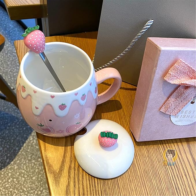 Coffee Mug Cups Ceramic Tea Cup Fruits Strawberry Shaped Handmade Cute Mugs With Lid Spoon Handle Office Home Hot Ice Chocolate Milk Mugs Gifts Microwave Dishwasher Safe Travel Mugs (Pink)