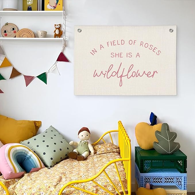 Wildflower Nursery Decor, Girls Room Decor - In a Field Full of Roses She Is a Wildflower Pink Linen Banner Flag for Little Girl Baby Girl - Pink