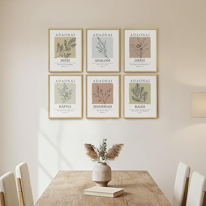 Framed Christian Scripture Wall Art, Set of 6 Minimalist Bible Verse Prints, Names of God Faith Based Neutral Boho Botanical Leaf Artwork for Bedroom Living Room Office Hallway Home Decor, 11x14 Inch