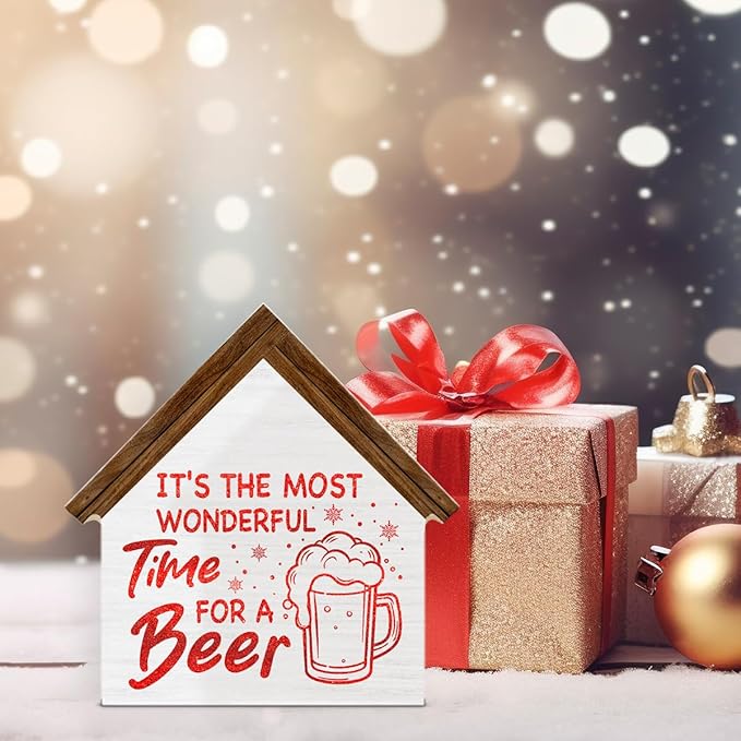 Christmas Bar Sign Decor, It's the Most Wonderful Time for a Beer House Shaped Wood Sign, Kitchen Home Bar Christmas Decorations