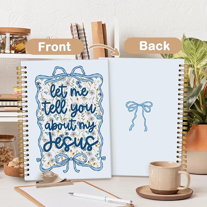 MOFUYU Coquette Blue Bow Floral Christian Notebook,Journal for Women,Coquette Blue Bow Floral Notebook, Gifts for Christian Women Men,Let Me Tell You About My Jesus,Religious Journals for Writing 5.5x8.3