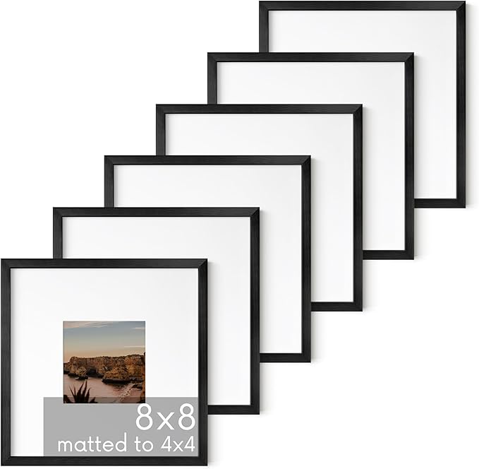 HAUS AND HUES 8x8 Black Metal Picture Frames Matted to 4x4 - Features Premium Aluminum & Hanging Hardware, Shatterproof Plexiglass - Ideal for Home, Room, Office (8x8 in, Black, Set of 6)