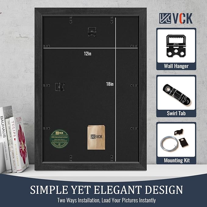 VCK 12x18 Picture Frames Black Set of 5, Wide Border Wood, Tempered Glass, Display 11x17 Photo with Mat or 12 x 18 without, for Home, Office, Gallery, Woodgrain Series, Wall Hanging