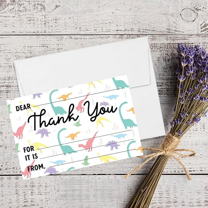 Andaz Press Kids Fill in the Blank Thank You Cards - 20 Cards Including Envelopes Colorful Dinosaur Fun Gender Neutral Note Cards For Boys or Girls, Thank You Notes for Friends, Family, Party Guests