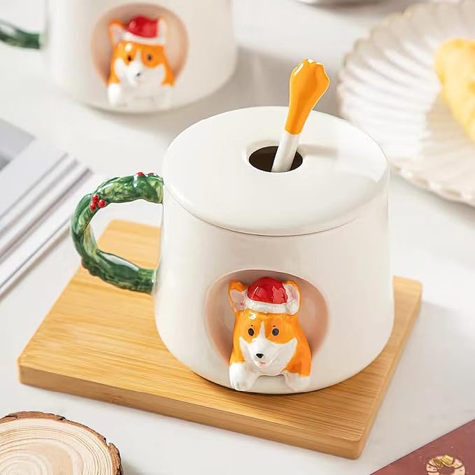 Cute Dog Couple Cup, Ceramic Coffee Mug with a Lid, Family Cup, Office Cup, Concave wood grain pattern handle, Cute Shiba Lnu Three-dimensional Design, with Matte Texture(420ML) (White Hat)