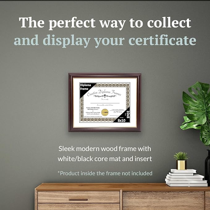 Creative Picture Frames 8x10 Mahogany Gold Rim Diploma Frame with White Mat Glass Easel and Installed Wall Hangers | Frame Holds 10x12 Media without Mat