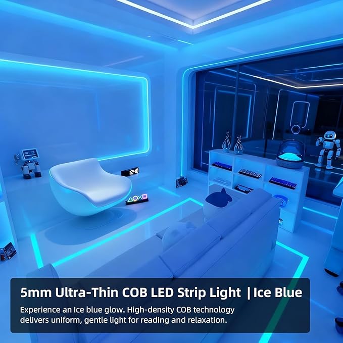 COB LED Strip Light, 16.4FT 12V Ice Blue Narrow Width 5mm Super Bright CRI 90+ Dotless LED Tape Light, 400LEDs/M Cuttable Flexible Light Strip for Indoor Home Christmas Decor (No Power Supply)