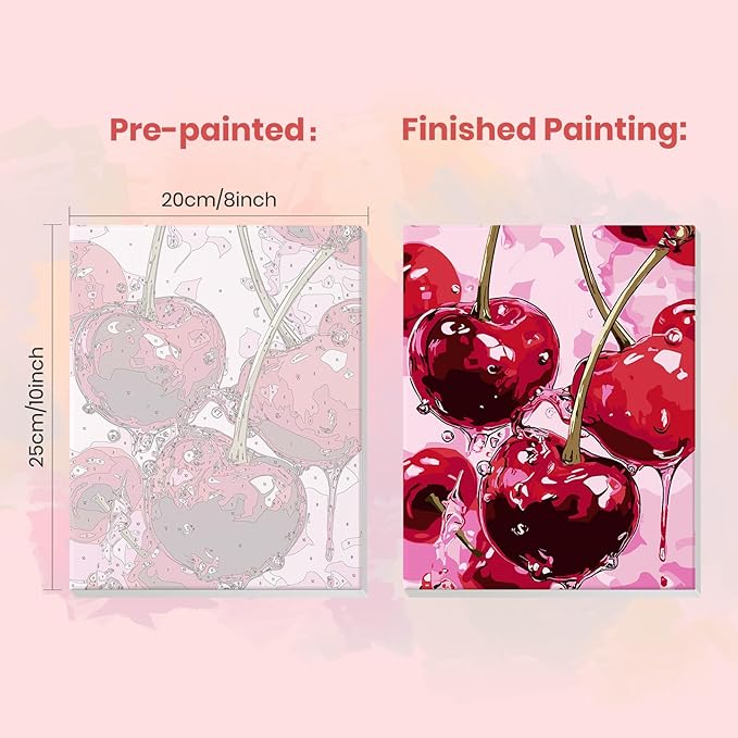 MXJSUA Cherry Framed Paint by Numbers for Adults Beginners, Easy Adults' Paint-by-Number Kits on Canvas with Easel, Cherry Acrylic Number Painting Crafts Kits Gifts for Home Decor, 8x10inch