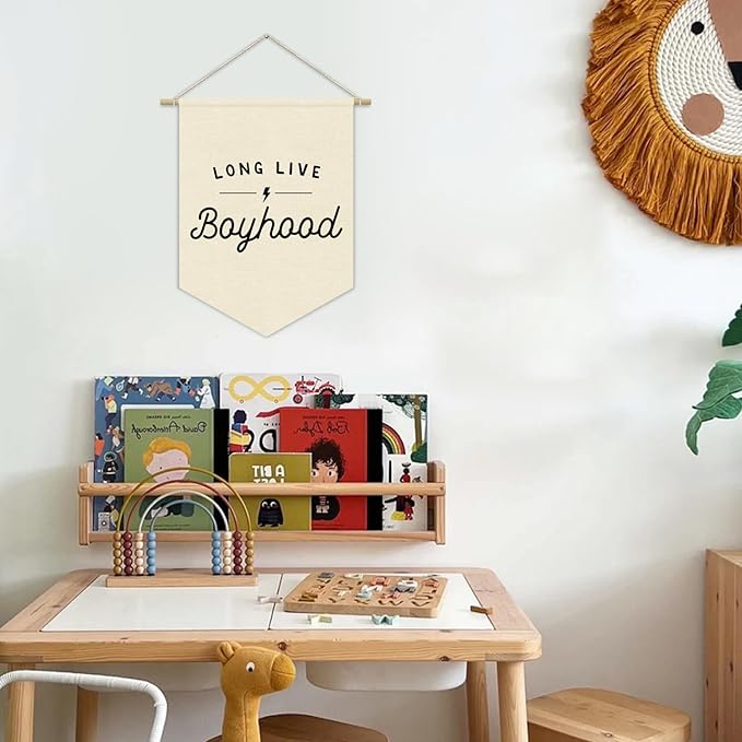 Boys Room Decor, Long Live Boyhood Linen Canvas Banner, Minimalist Boy Nursery Wall Hanging Pennant Flag Banner for Boys Kids Toddler Room Bedroom Playroom Decor, 15x11in