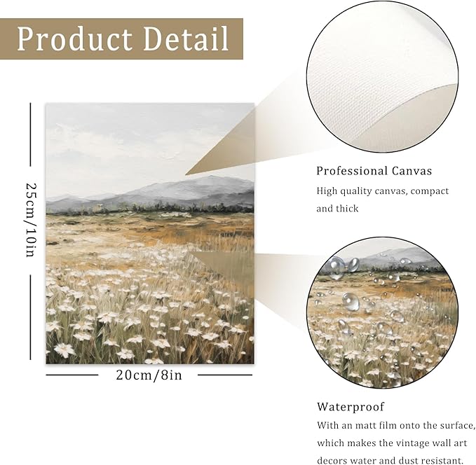 uniro Vintage Wall Art Decor Spring Muted Wildflower Field Wall Painting Canvas Prints Farmhouse Wall Art Room Decor Vintage Landscape Art Pictures for Bathroom Wall Decor(8" x 10"-UNFRAMED)