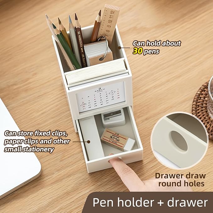 Pen Holder with 2026 Calendar,Desktop Organizer with Drawer,3-in-1 Desktop Organizer with Memo Pads,Multi-Functional Desk Organizers Office Desk Storage for School,Home,Office (WHITE)